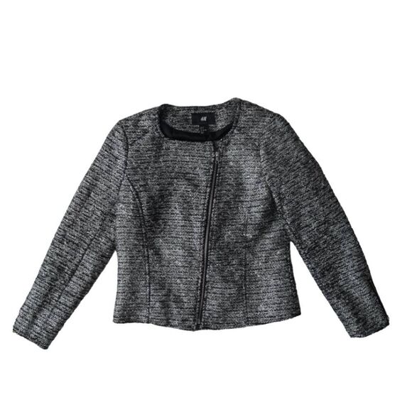 H&M Women's 8 Metallic Silver Heavyweight Boucle Tweed Zip Up Motorcycle Jacket - Picture 1 of 15